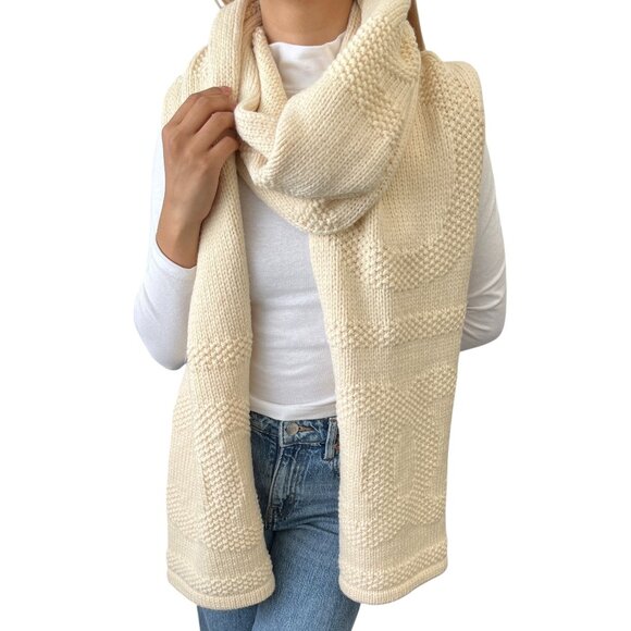 CHANEL Vintage CC Logo Knit Scarf Wrap Accessory Cream Wool Stitch [106358] - Picture 1 of 10